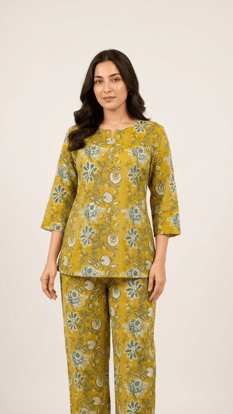 Women's Mustard Green Floral Cotton Lounge Set
