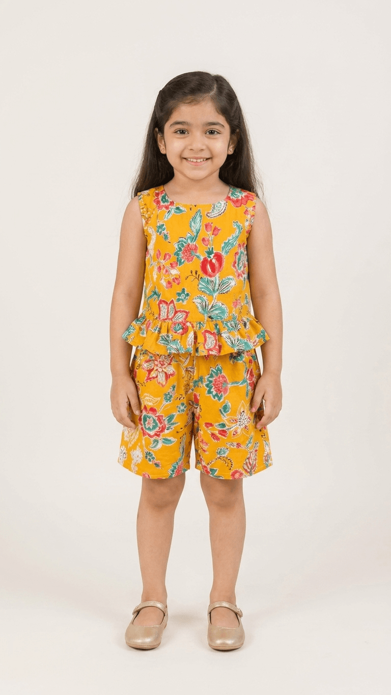 Mustard Chintz Peplum Shorts Set