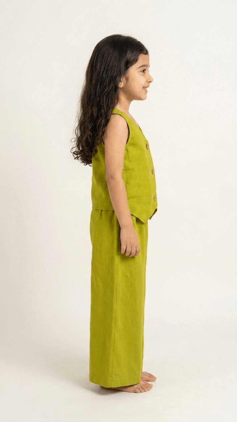 Girls Lime Green Embroidered Waistcoat and Palazzo Co-Ord Set | Kids Indo-Western Casual Festive Fusion Dress
