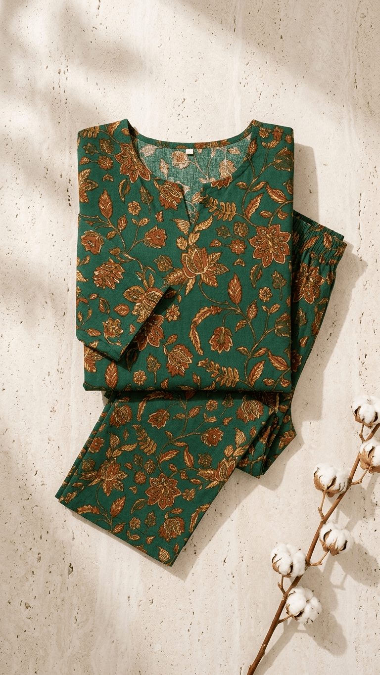 Women's Bottle Green Blossom Cotton Lounge Set