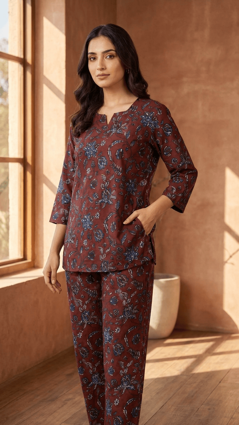 Women's Rust Maroon Ajrakh Cotton Lounge Set