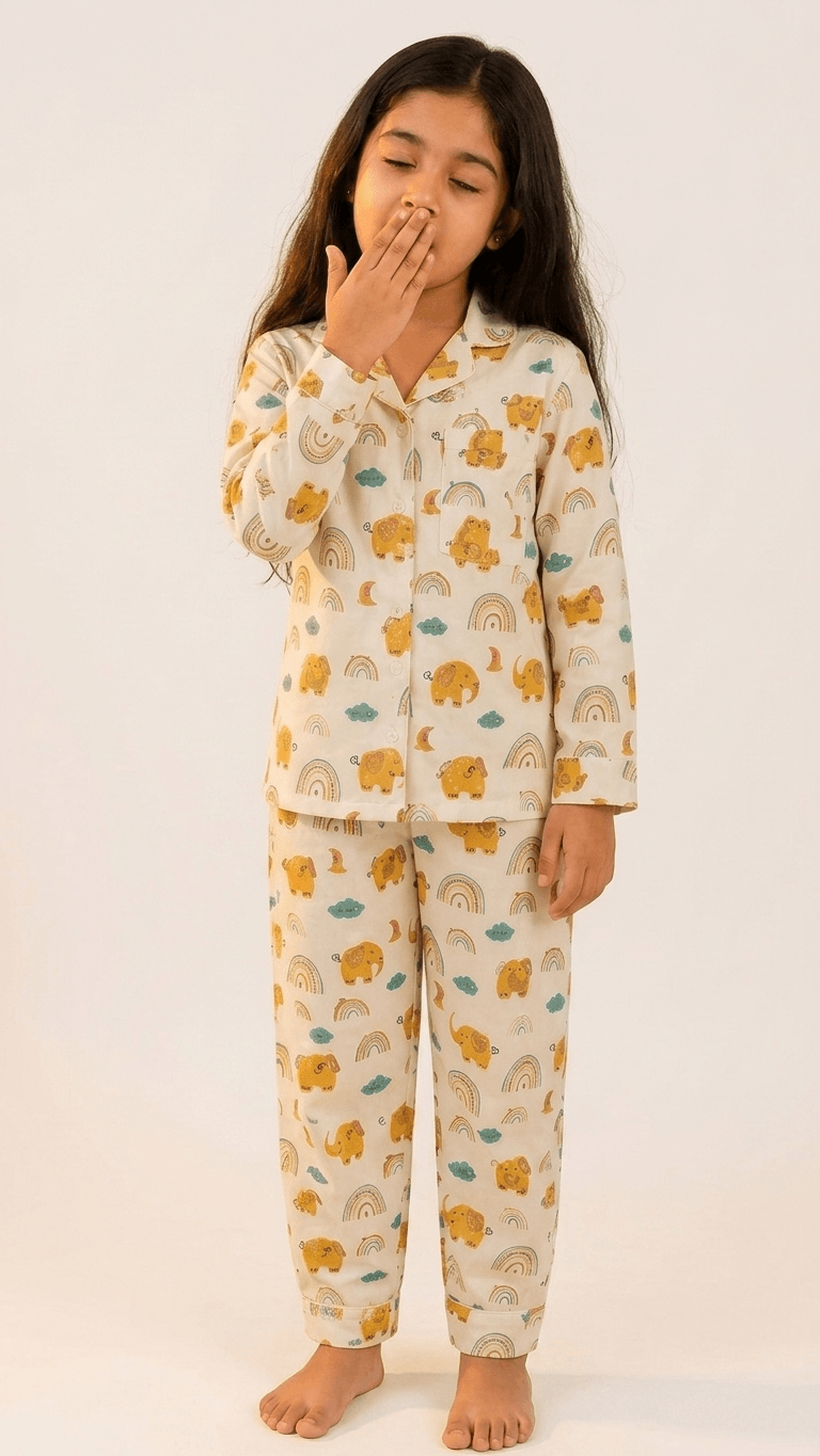 Satrangi House Kids 100% Pure Cotton Woven Full-Sleeve Yellow Elephant and Rainbow Print Night Suit Pajama Set with Travel Pouch