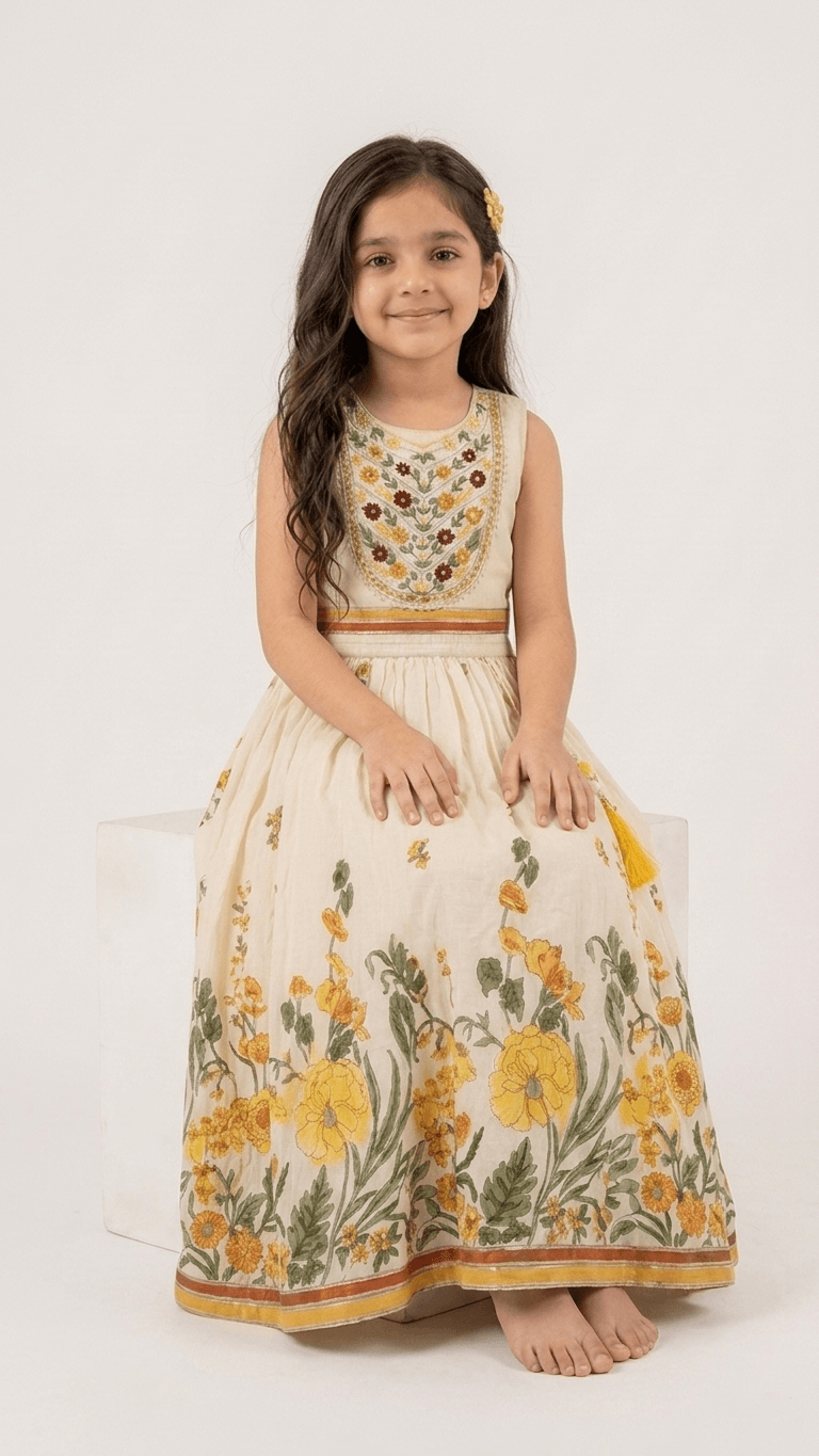 Girls Cream Floral Embroidered Ethnic Lehenga Gown Set | Kids Cotton Traditional Festive Wear Dress
