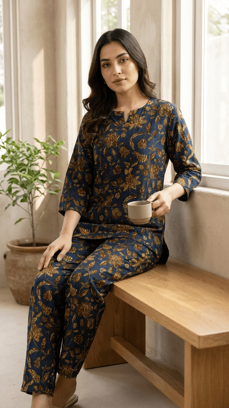 Women's Navy Gold Kalamkari Cotton Lounge Set