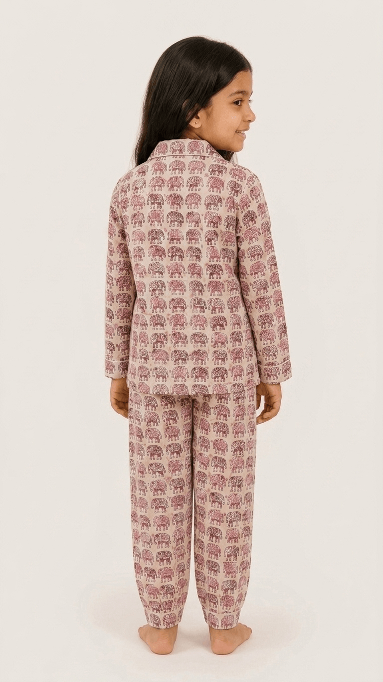 Satrangi House Kids 100% Pure Cotton Woven Full-Sleeve Pink Elephant Print Night Suit Pajama Set with Travel Pouch