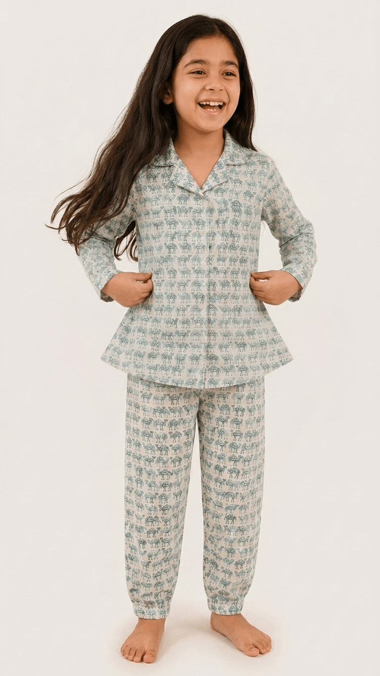 Satrangi House Kids 100% Pure Cotton Woven Full-Sleeve Teal Camel Print Night Suit Pajama Set with Travel Pouch