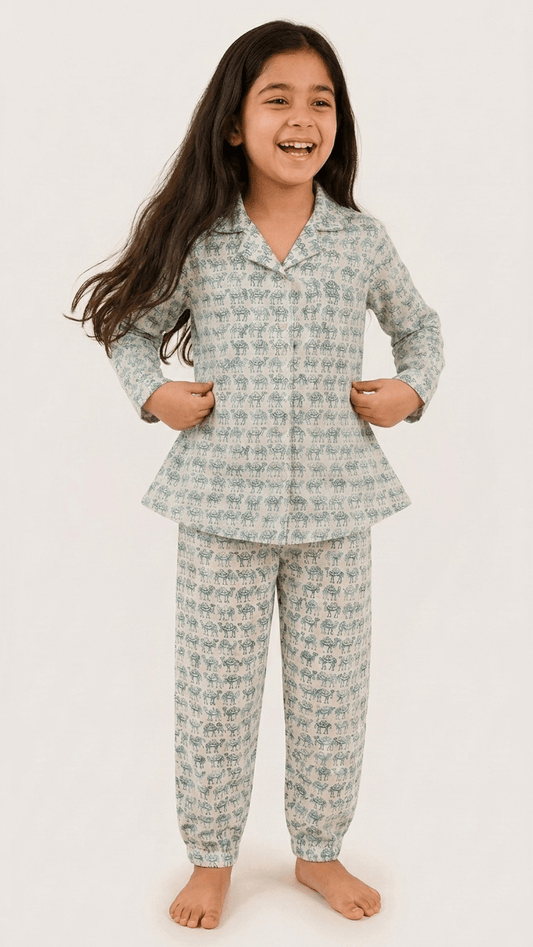 Satrangi House Kids 100% Pure Cotton Woven Full-Sleeve Teal Camel Print Night Suit Pajama Set with Travel Pouch