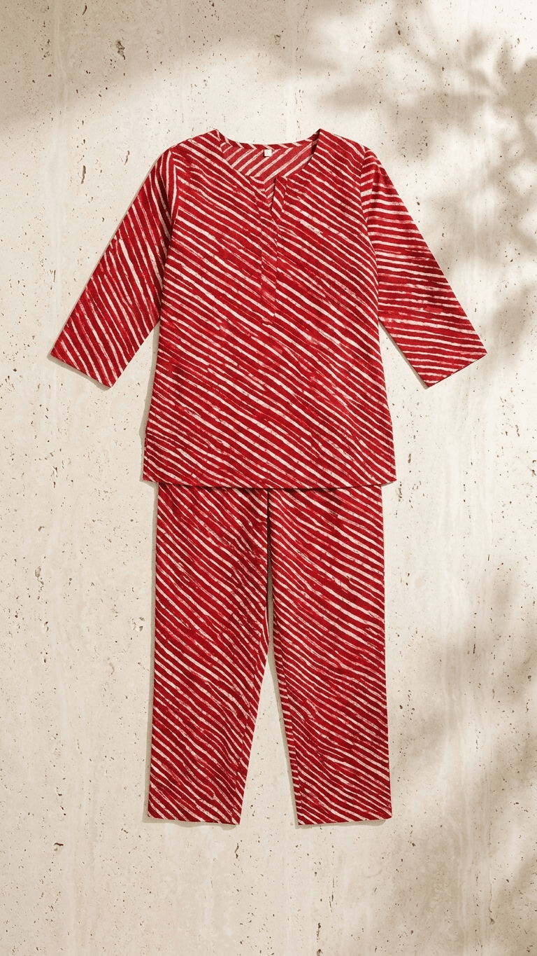 Women's Crimson Red Leheriya Cotton Lounge Set