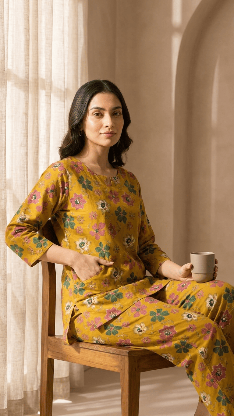 Women's Mustard Meadow Cotton Lounge Set