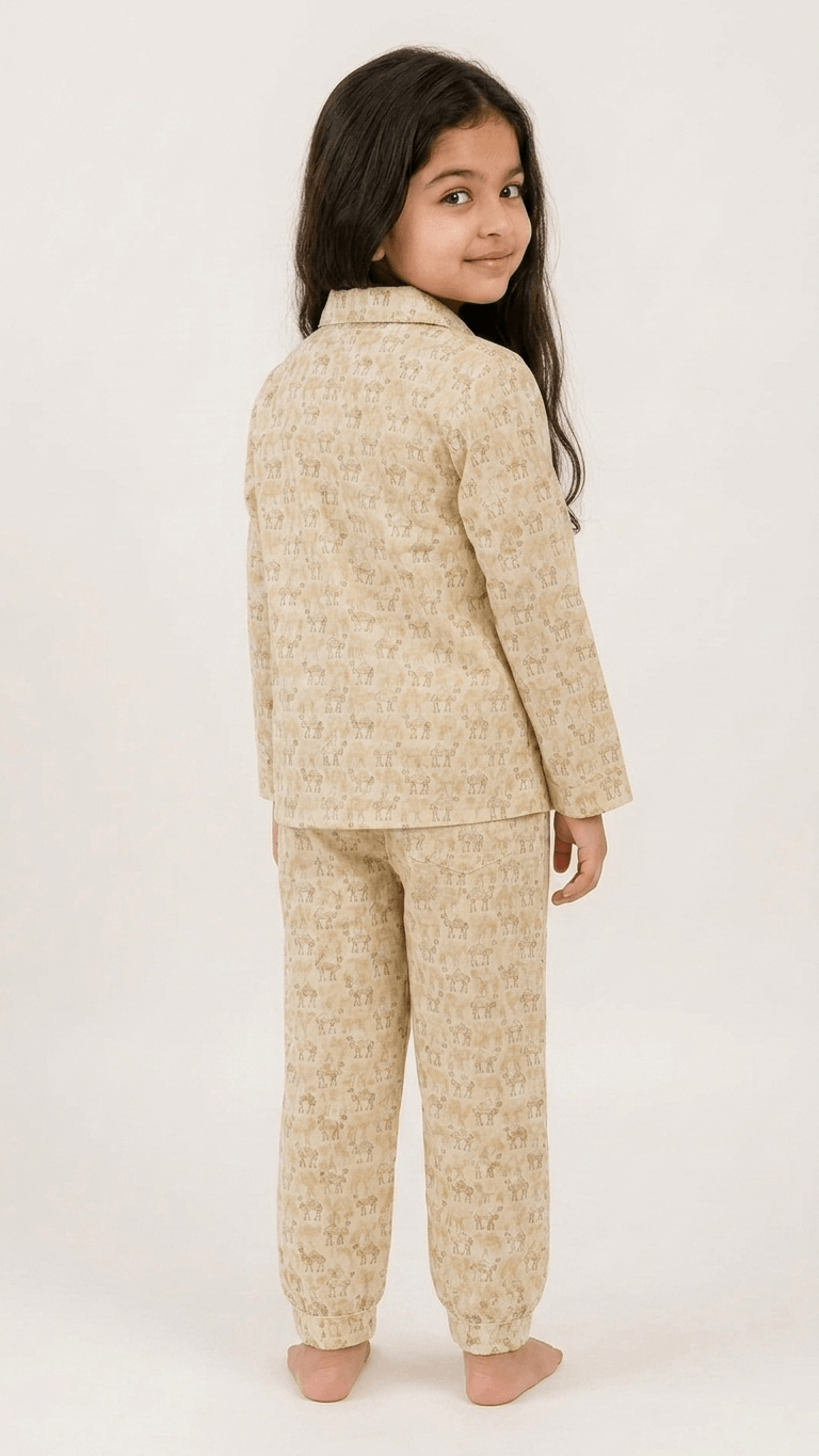 Satrangi House Unisex Kids 100% Cotton Woven Full-Sleeve Camel Print Night Suit Pajama Set with Travel Pouch - Beige