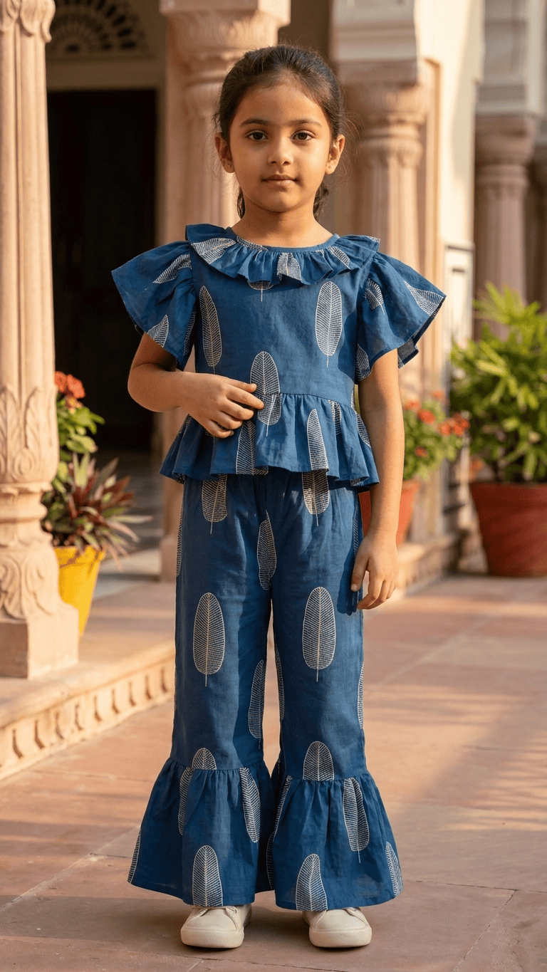 Indigo Leaf Frilled Peplum & Ruffle Pant Set