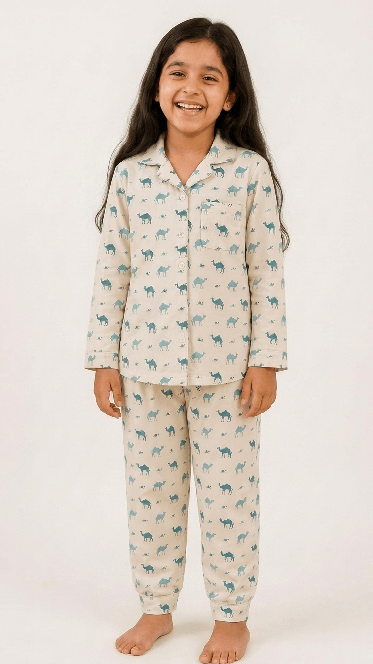 satrangi house Kids 100% Pure Cotton Woven Full-Sleeve Dark Teal Camel Print Night Suit Pajama Set with Travel Pouch