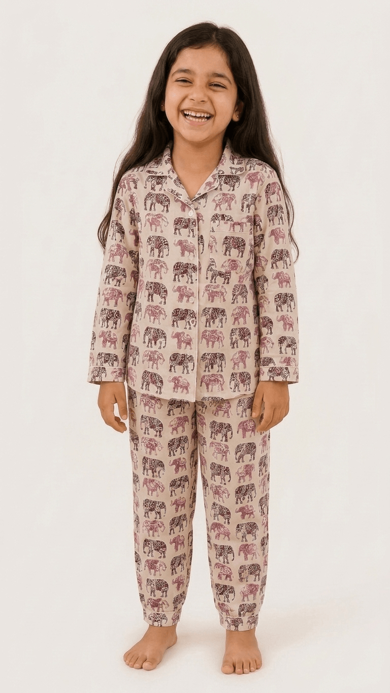 Satrangi House Kids 100% Pure Cotton Woven Full-Sleeve Maroon Elephant Print Night Suit Pajama Set with Travel Pouch - Grl-935