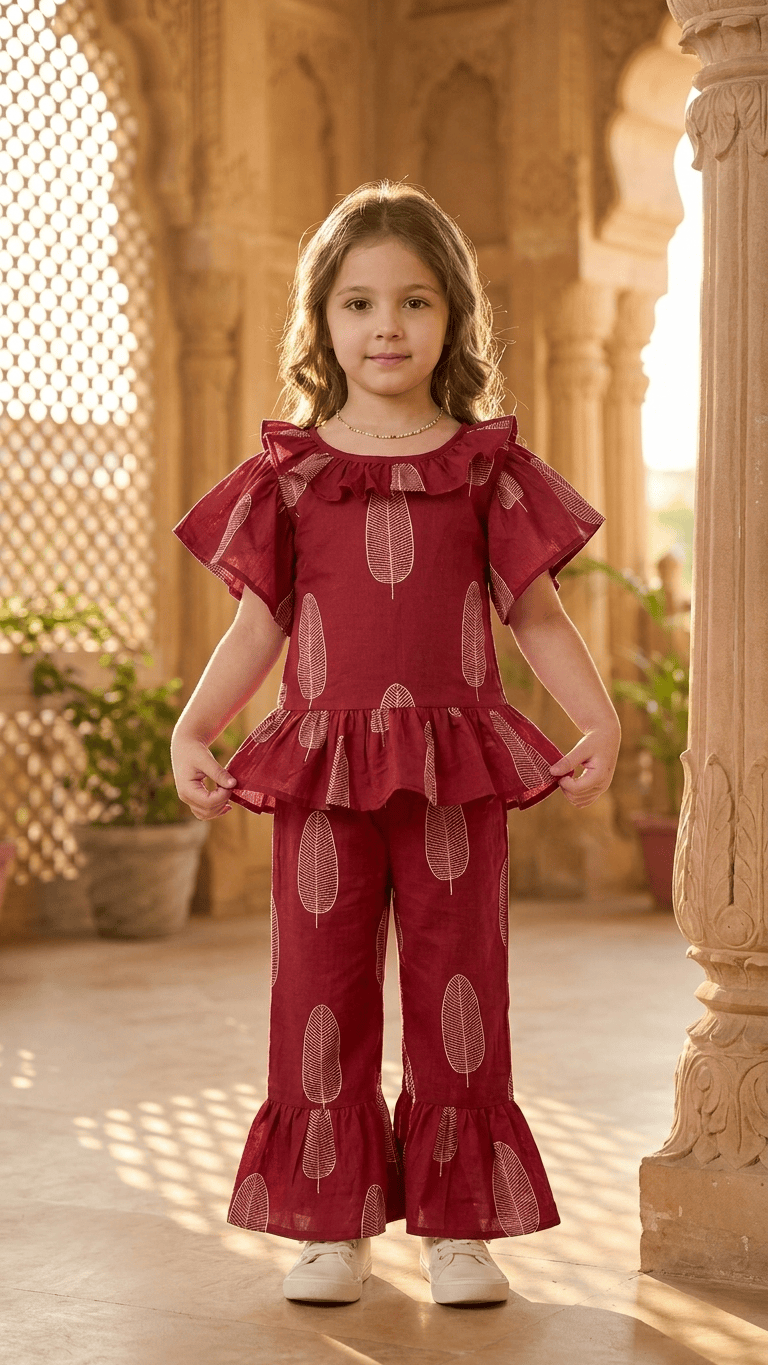 Maroon Leaf Frilled Peplum & Ruffle Pant Set