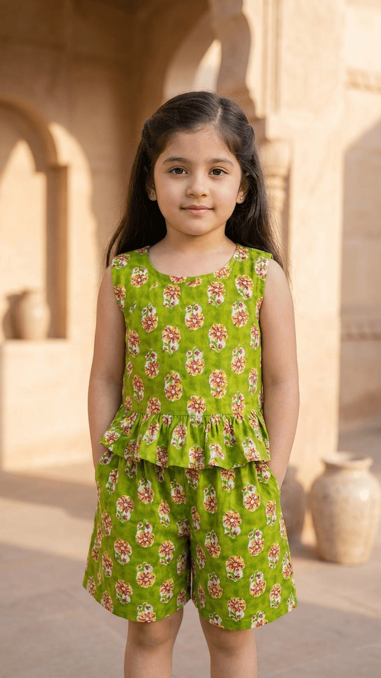 Lime Green Boota Frill Top & Shorts Set