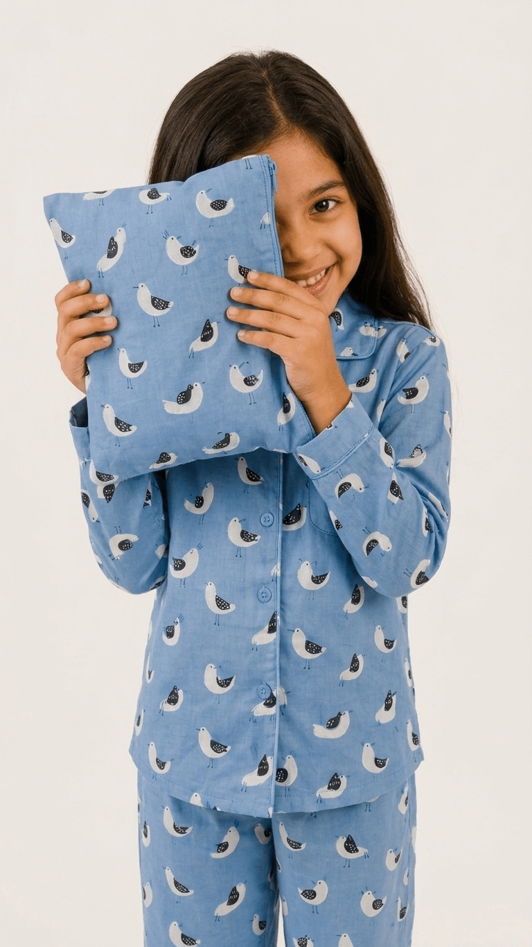 Satrangi House Kids 100% Pure Cotton Woven Full-Sleeve Slate Blue Bird Print Night Suit Pajama Set with Travel Pouch