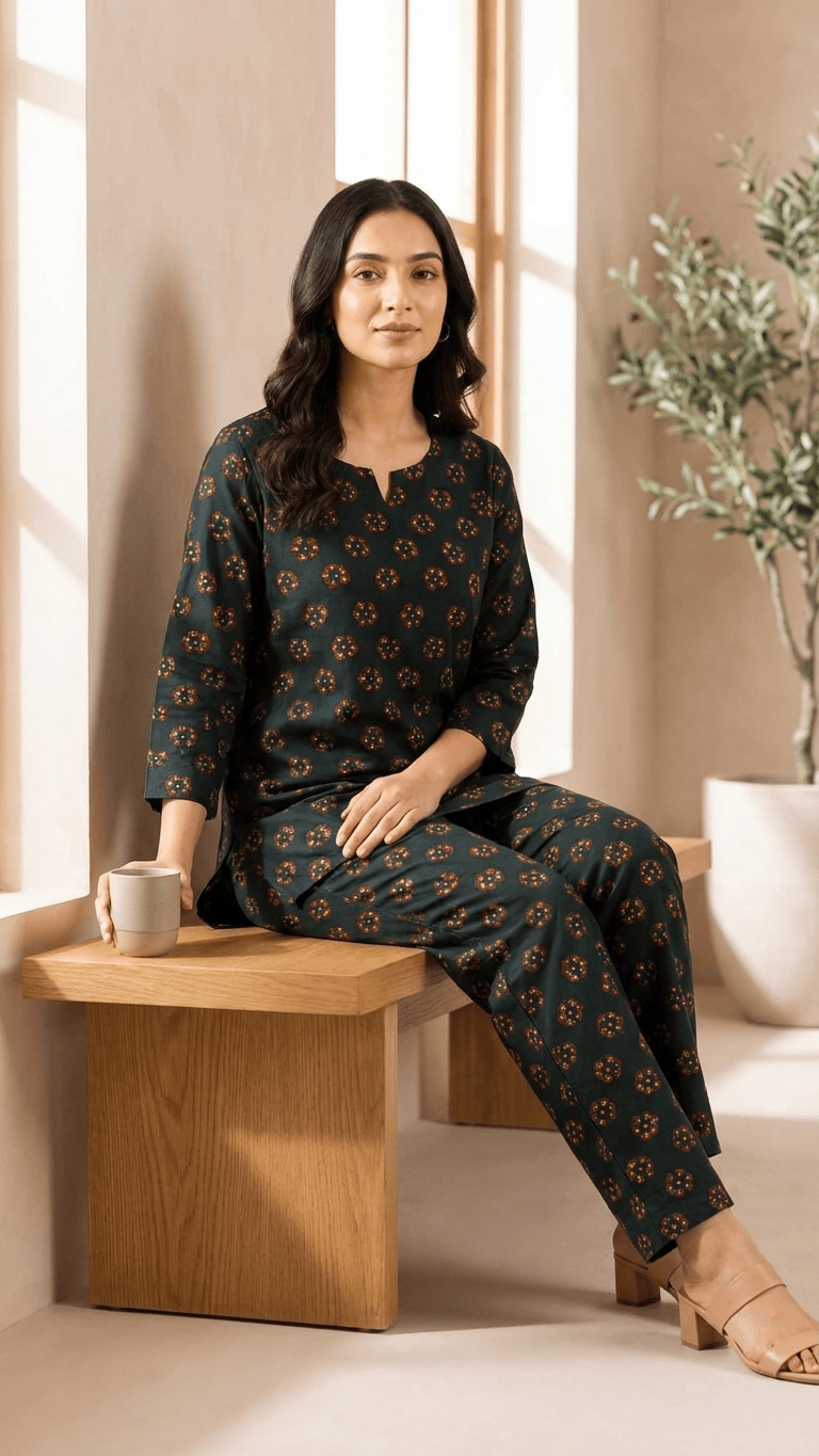 Women's Black Ajrakh Boota Cotton Lounge Set