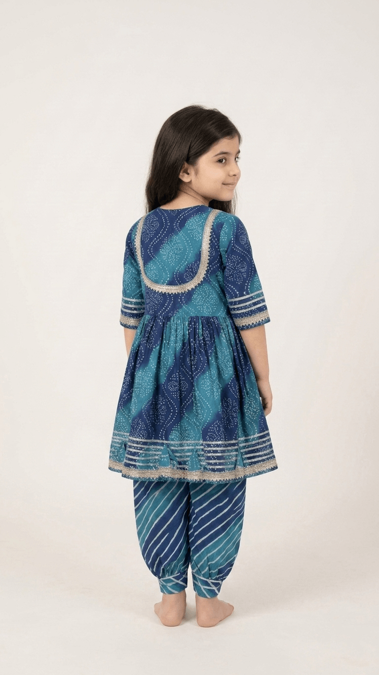 Girls Teal Blue Bandhani Print Kurti Sharara Set | Kids Gota Patti Work Traditional Salwar Kameez Suit