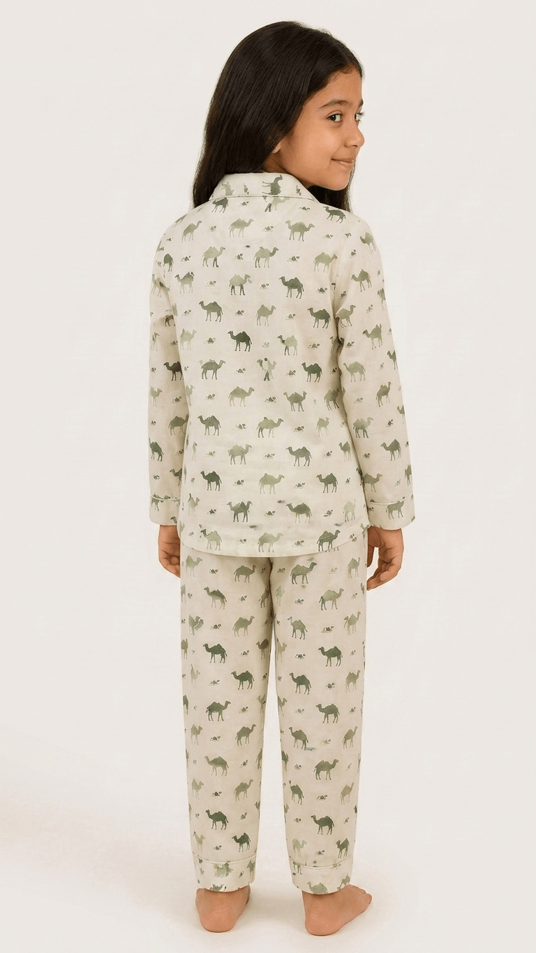 Satrangi House Kids 100% Pure Cotton Woven Full-Sleeve Olive Green Camel Print Night Suit Pajama Set with Travel Pouch