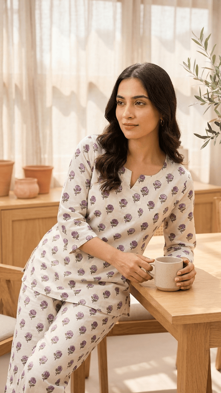 Women's Ivory Mauve Boota Cotton Lounge Set