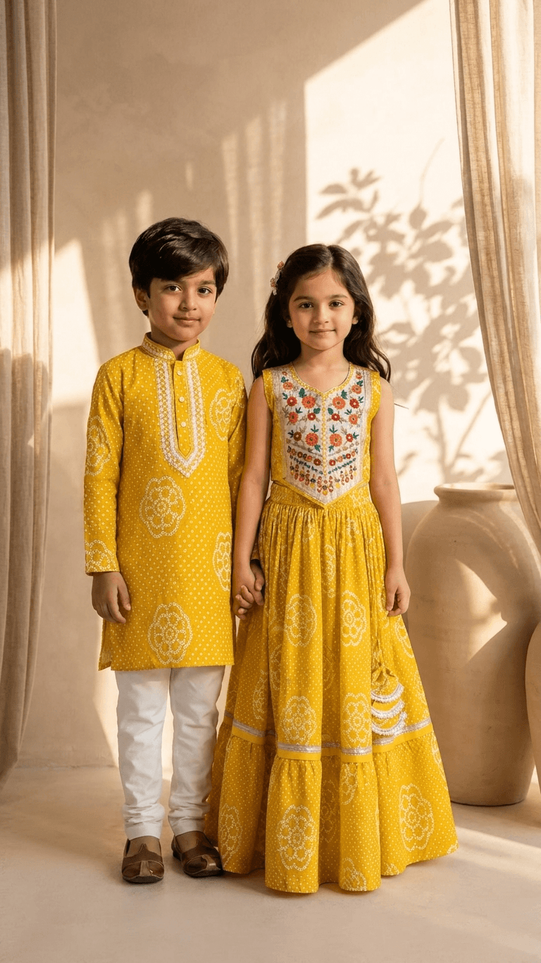 Brother Sister Matching Yellow Bandhani Festive Combo Set | Kids Haldi Lehenga Choli and Boys Kurta Pyjama Ethnic Suit