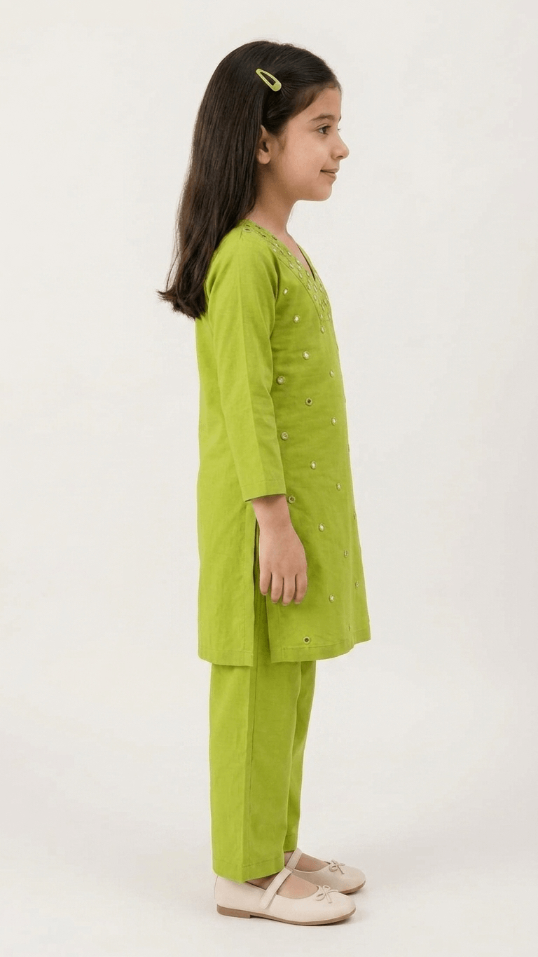 Girls Lime Green Mirror Work Kurta Pant Set | Kids Traditional Cotton Straight Kurti Trousers Festive Wear