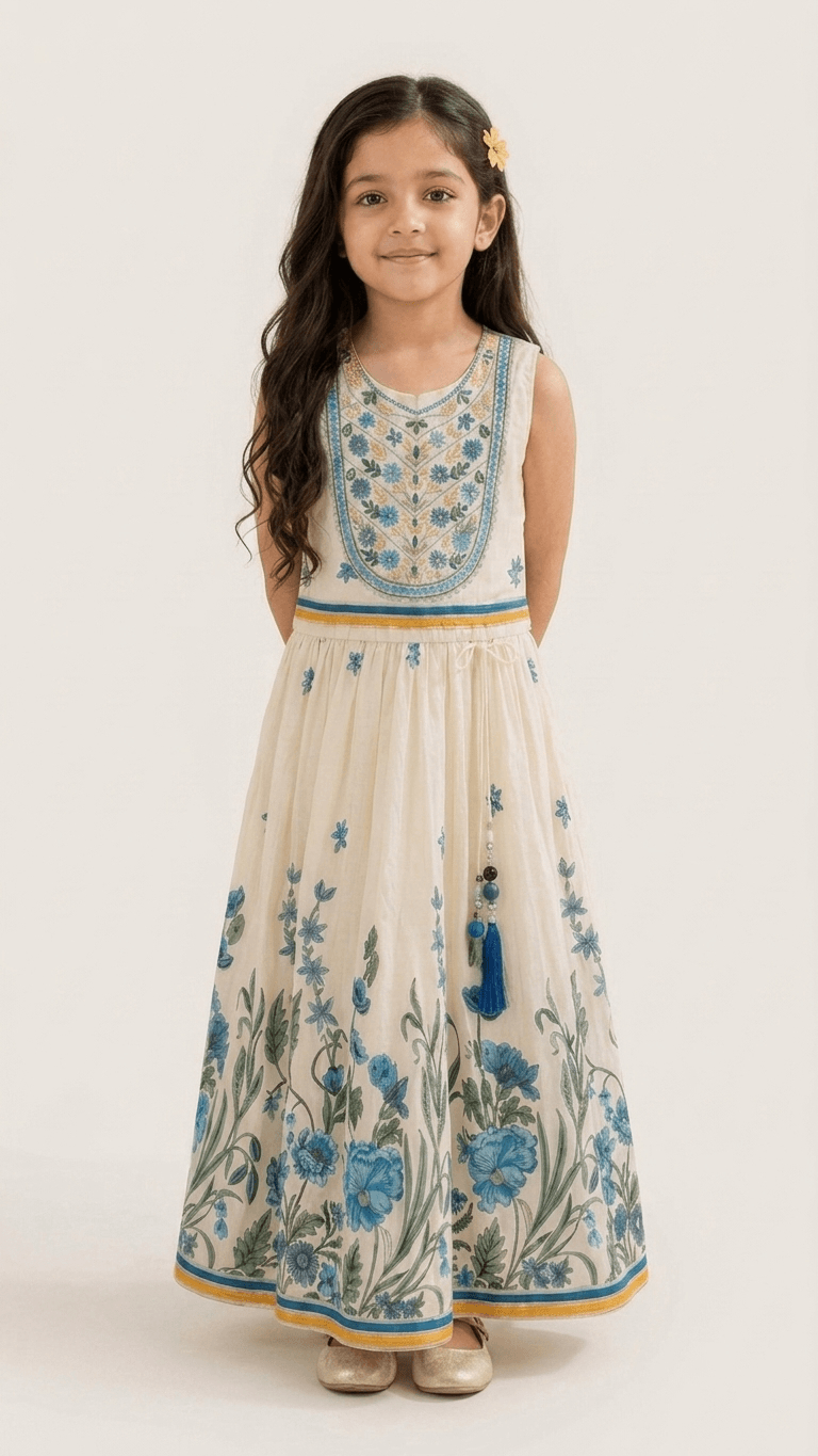 Girls Cream & Blue Floral Embroidered Ethnic Lehenga Gown | Kids Traditional Cotton Festive Wear Dress