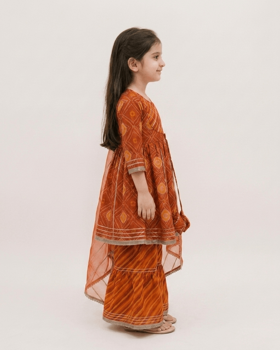 Girls Rust Orange Bandhani Print Peplum Kurti Sharara Set | Kids Gota Patti Traditional Festive Wear Suit with Dupatta