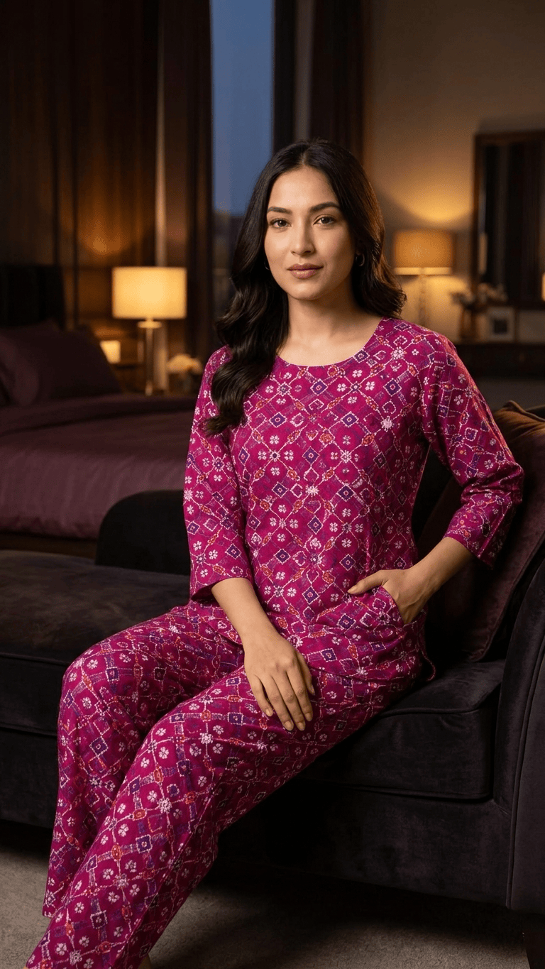 Women's Magenta Patola Cotton Lounge Set