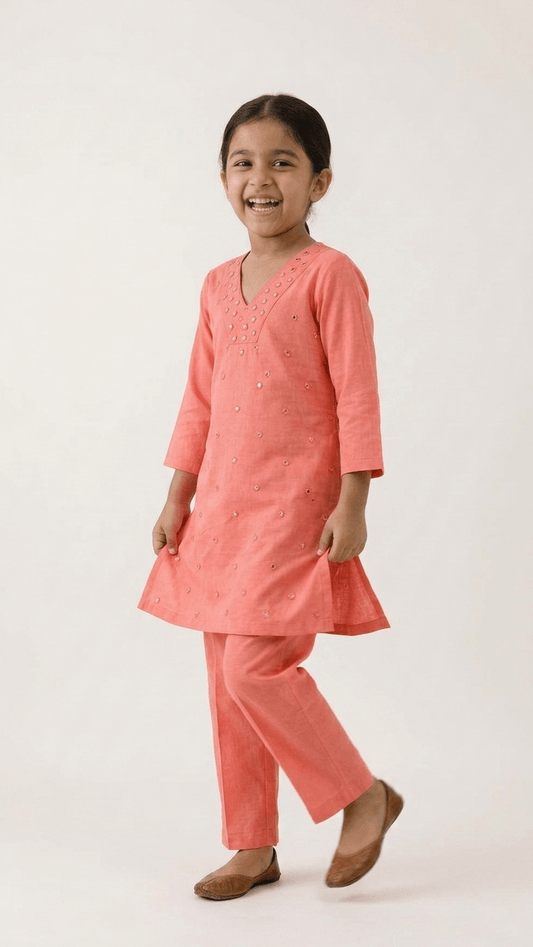 Girls Peach Mirror Work Kurta Pant Set | Kids Traditional Cotton Straight Kurti Trousers Festive Wear