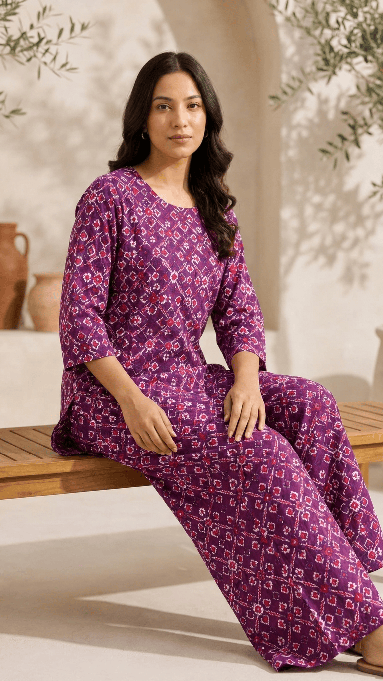 Women's Plum Purple Ikat Cotton Lounge Set