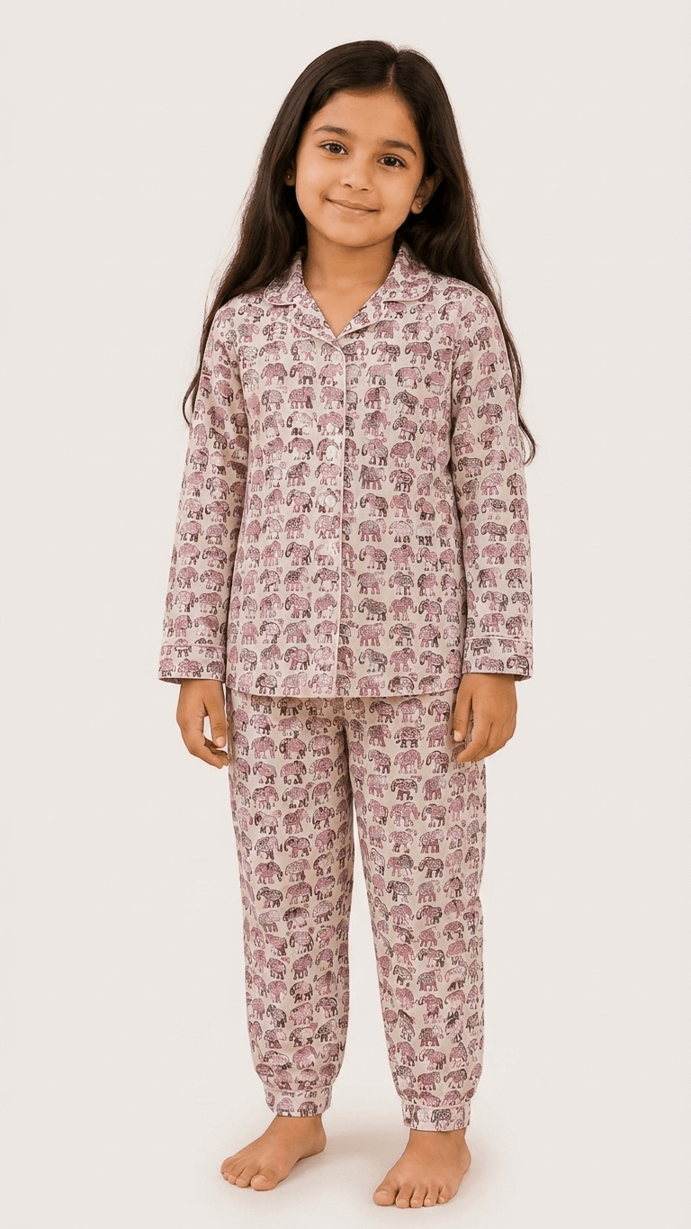 Satrangi House Kids 100% Pure Cotton Woven Full-Sleeve Elephant Print Night Suit Pajama Set with Travel Pouch - Pink