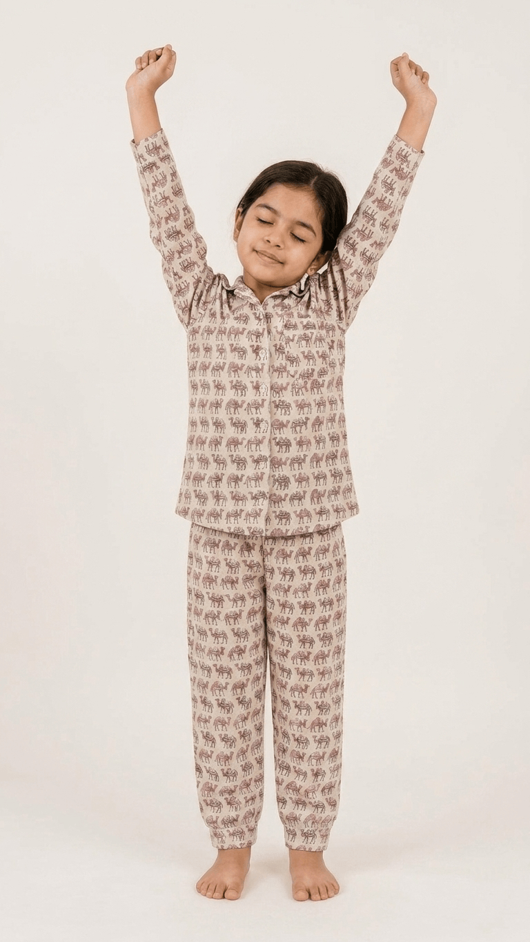 satrangi house Kids 100% Pure Cotton Woven Full-Sleeve Mauve Camel Print Night Suit Pajama Set with Travel Pouch