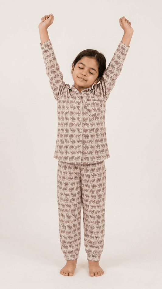 satrangi house Kids 100% Pure Cotton Woven Full-Sleeve Mauve Camel Print Night Suit Pajama Set with Travel Pouch