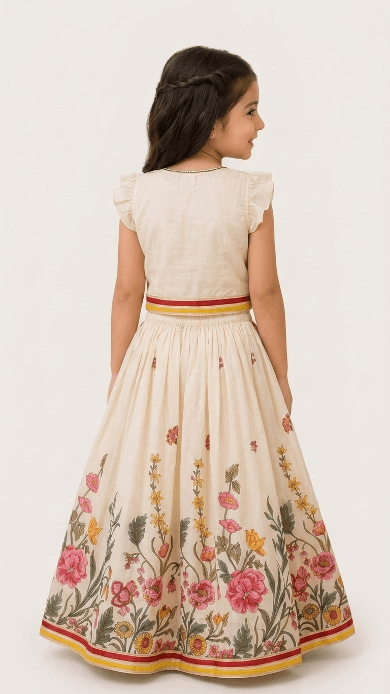 Girls Cream & Pink Floral Embroidered Lehenga Choli Set | Kids Flutter Sleeve Traditional Festive Wear Dress