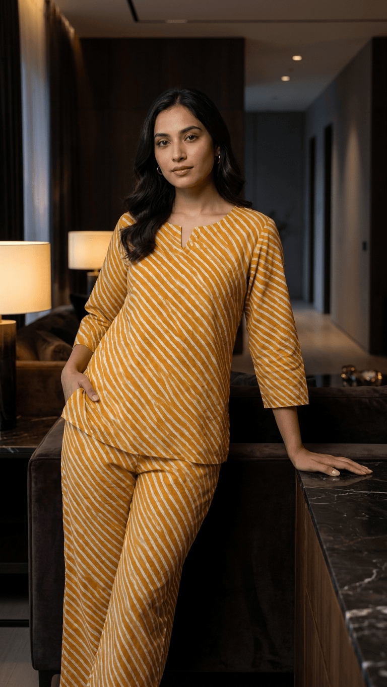 Women's Mustard Leheriya Cotton Lounge Set