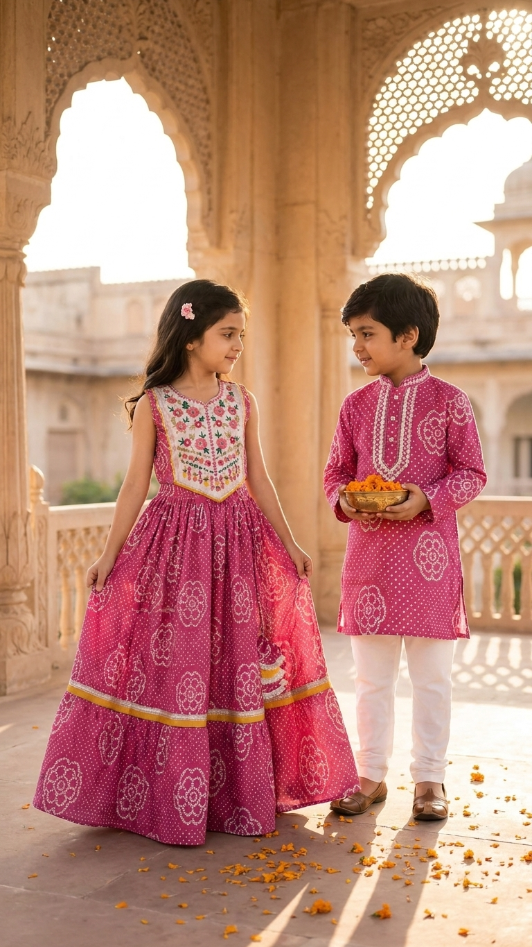 Pink Printed Sibling Ethnic Wear Set