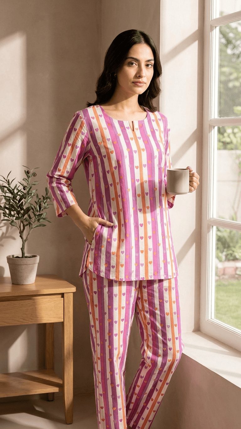 Women's Pink Heart Stripe Cotton Lounge Set