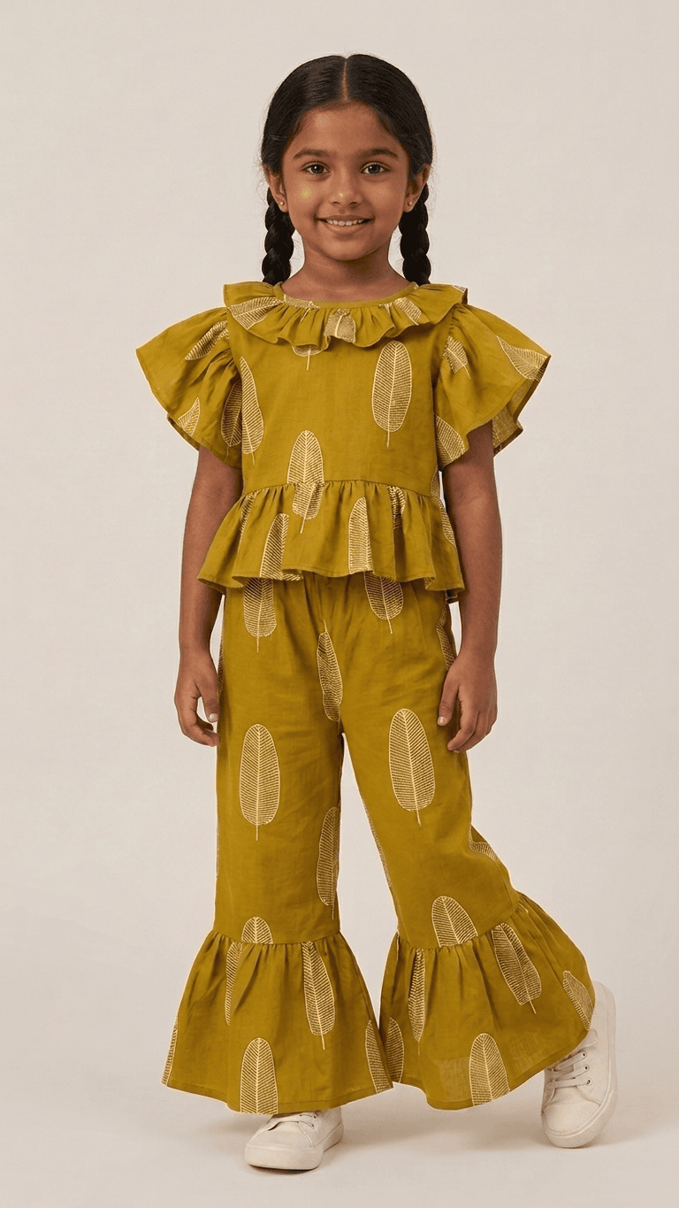 Mustard Leaf Frilled Peplum & Ruffle Pant Set