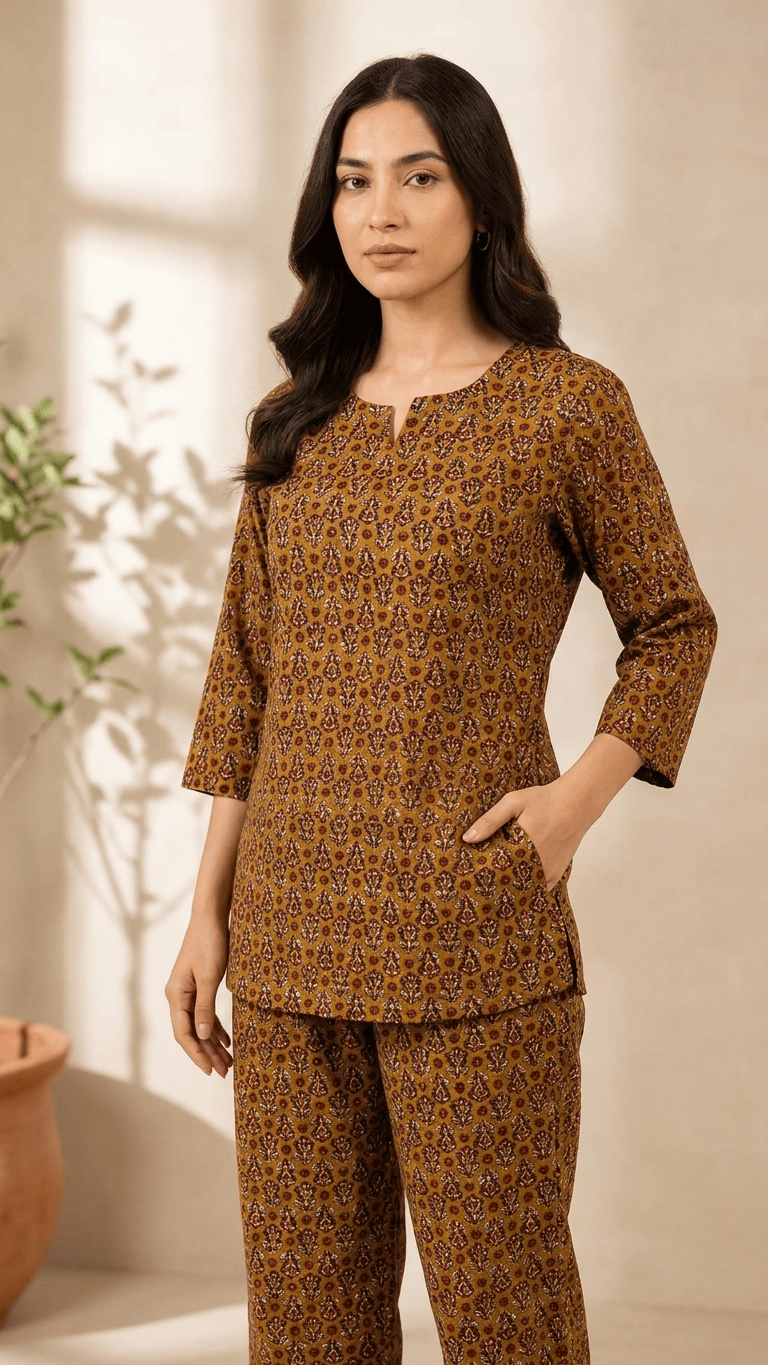 Women's Mustard Ocher Ajrakh Cotton Lounge Set