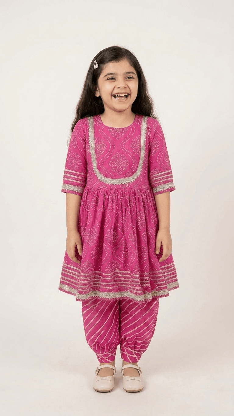Girls Rani Pink Bandhani Print Kurti Sharara Set | Kids Gota Patti Work Traditional Salwar Kameez Suit