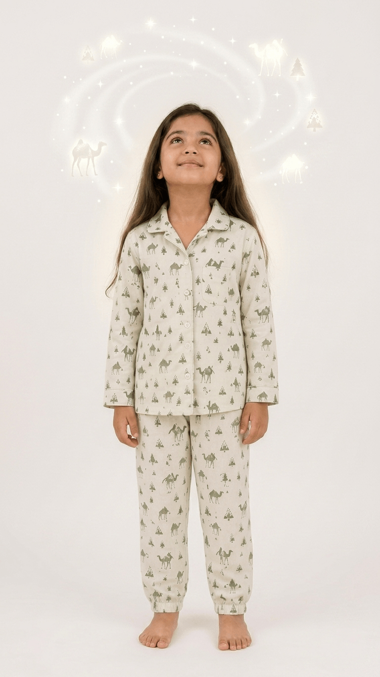 Satrangi House Kids 100% Pure Cotton Woven Full-Sleeve Sage Green Camel Print Night Suit Pajama Set with Travel Pouch