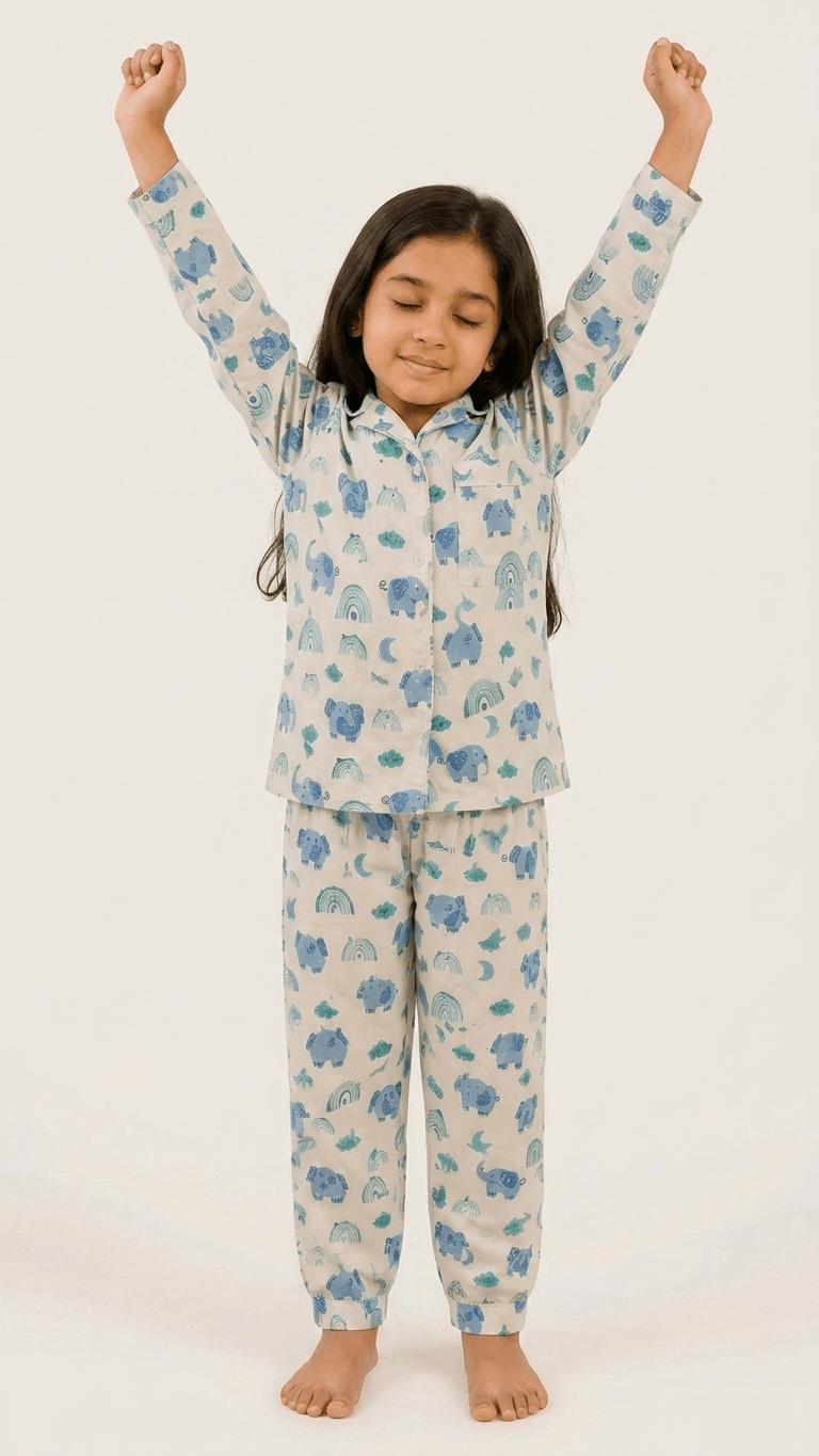 Satrangi House  Kids 100% Pure Cotton Woven Full-Sleeve Blue Elephant and Rainbow Print Night Suit Pajama Set with Travel Pouch