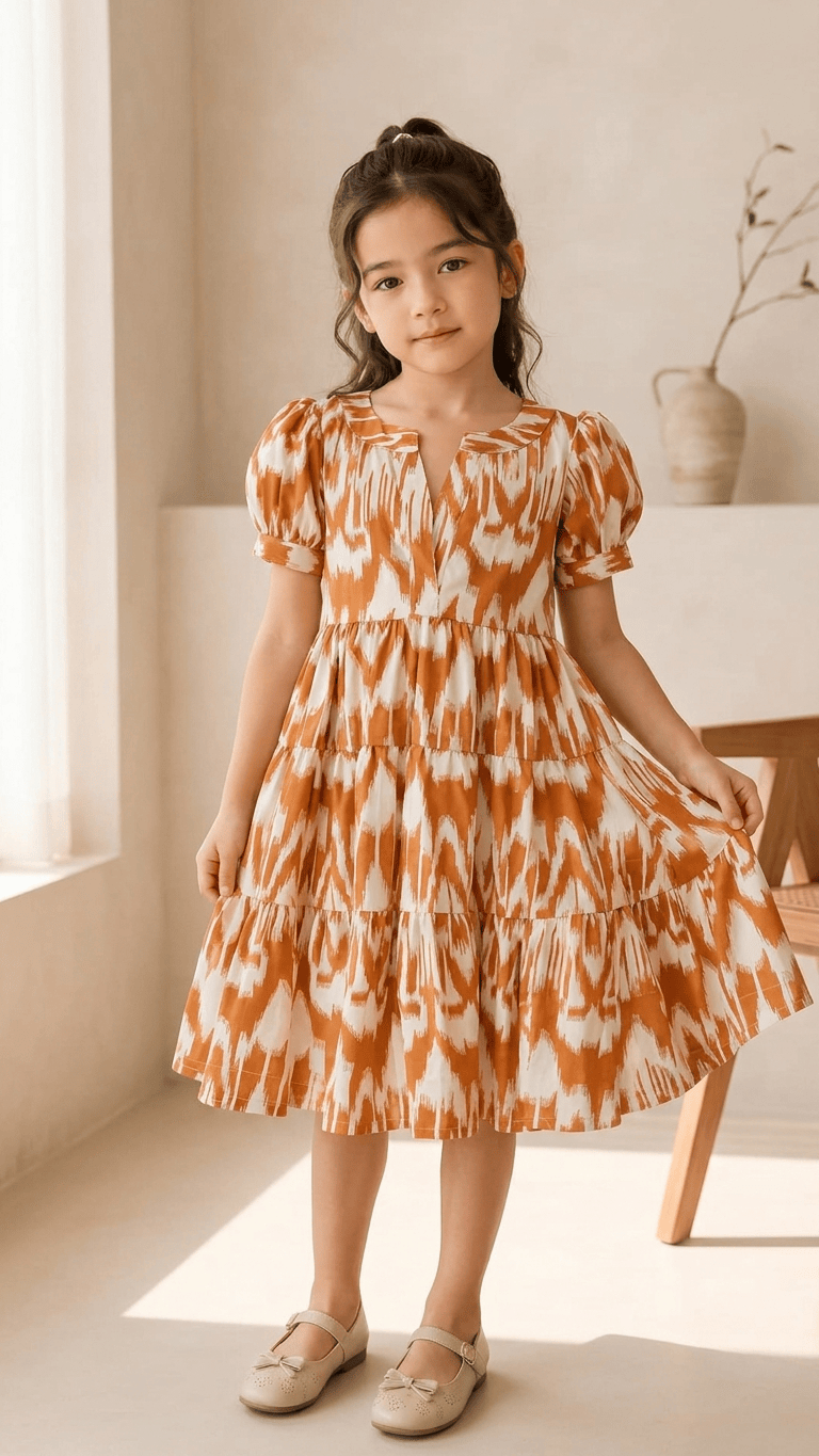 Tan Orange Ikat Tiered Cotton Frock