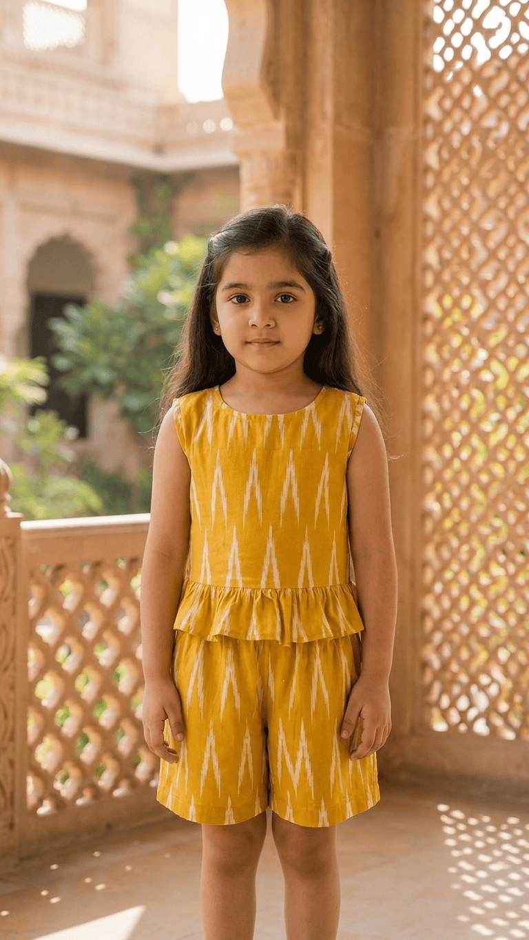 Mustard Ikat Frill Top & Shorts Set