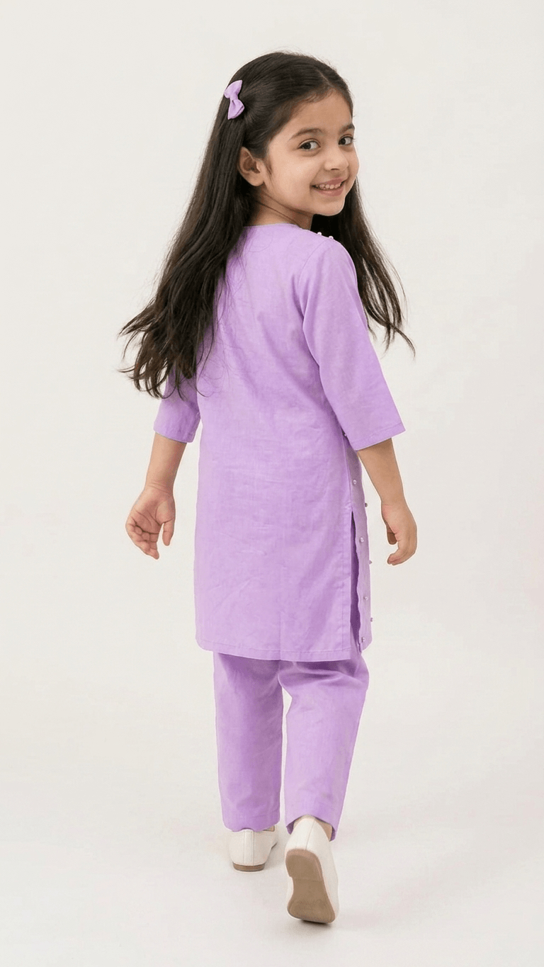Girls Lavender Mirror Work Kurta Pant Set | Kids Traditional Cotton Straight Kurti Trousers Festive Wear