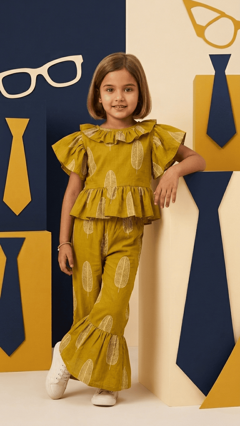 Mustard Leaf Frilled Peplum & Ruffle Pant Set