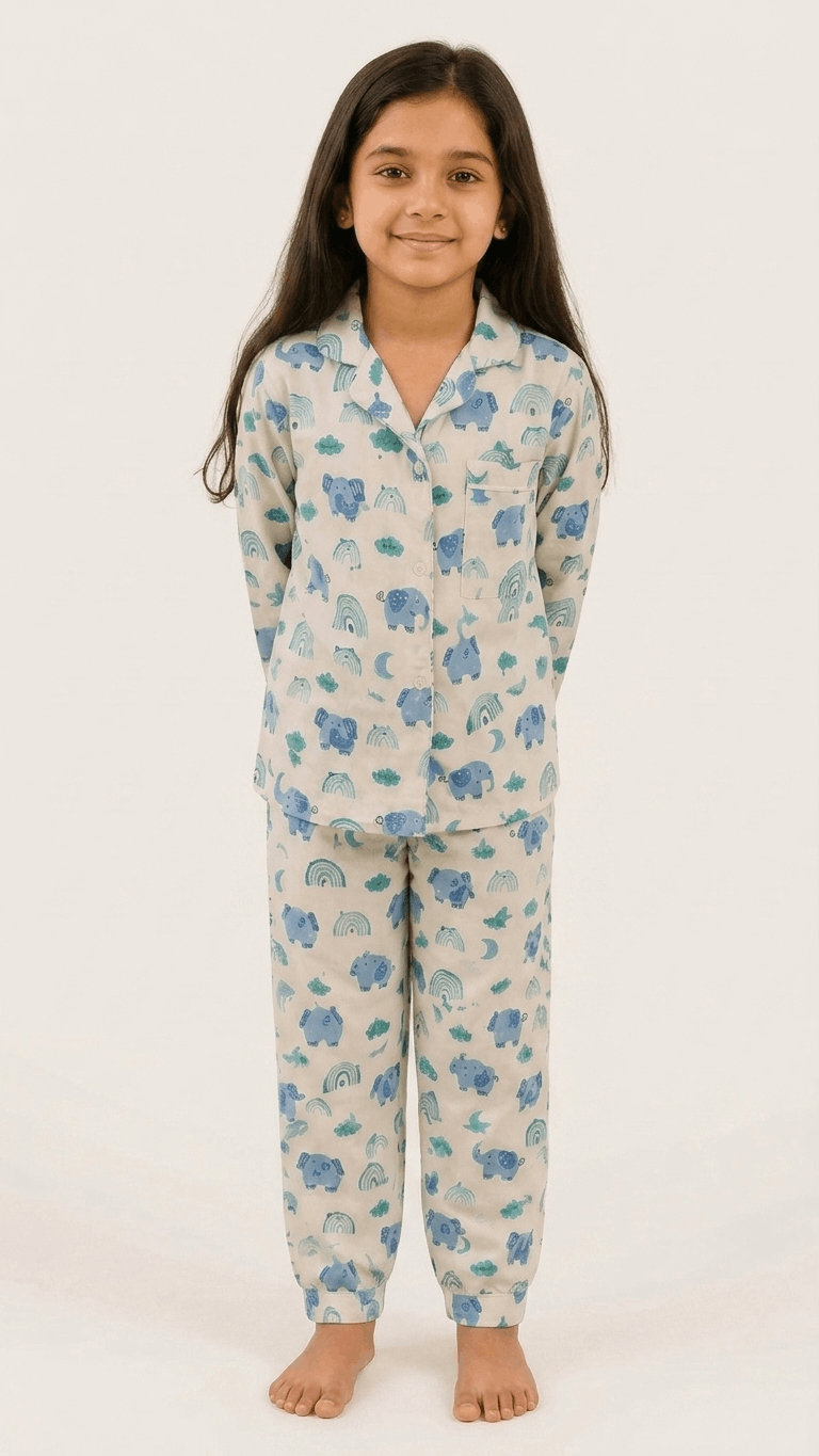 Satrangi House  Kids 100% Pure Cotton Woven Full-Sleeve Blue Elephant and Rainbow Print Night Suit Pajama Set with Travel Pouch