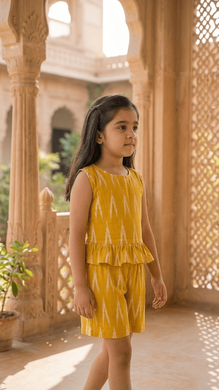 Mustard Ikat Frill Top & Shorts Set