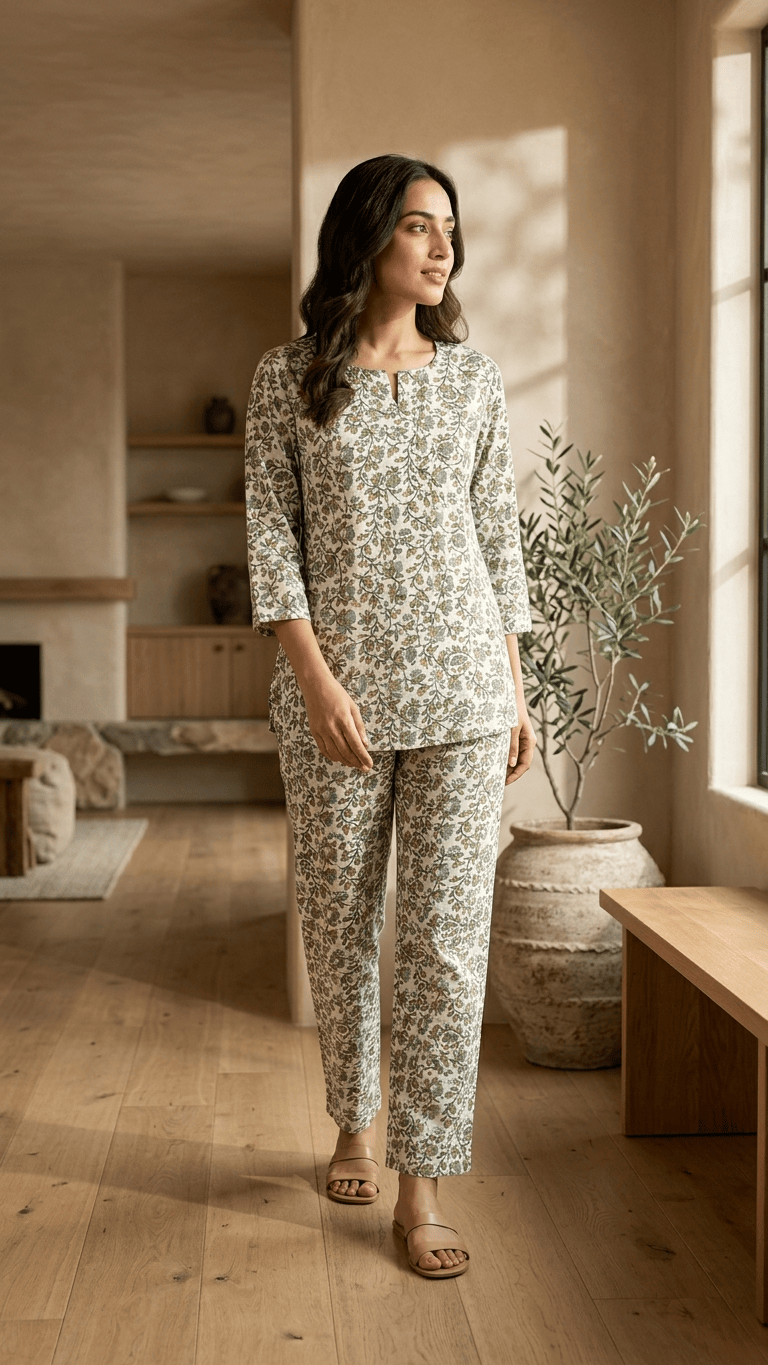 Women's Sage Olive Floral Cotton Lounge Set
